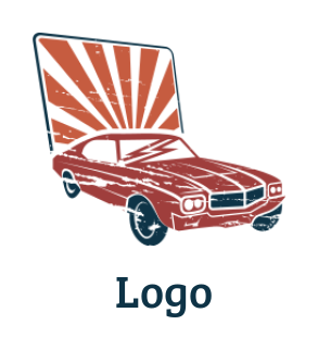 design an auto logo vintage car come out from emblem with sun rays 