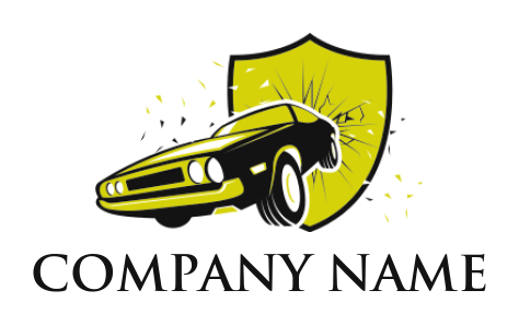 auto repair logo image vintage car coming out of broken shield 