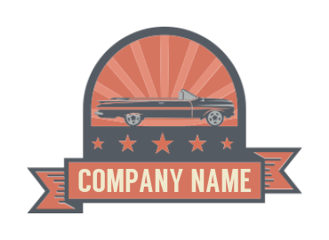 vintage muscle car inside the emblem with stars and sun rays 