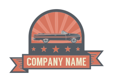 auto logo illustration vintage muscle car inside the emblem with stars and sun rays 