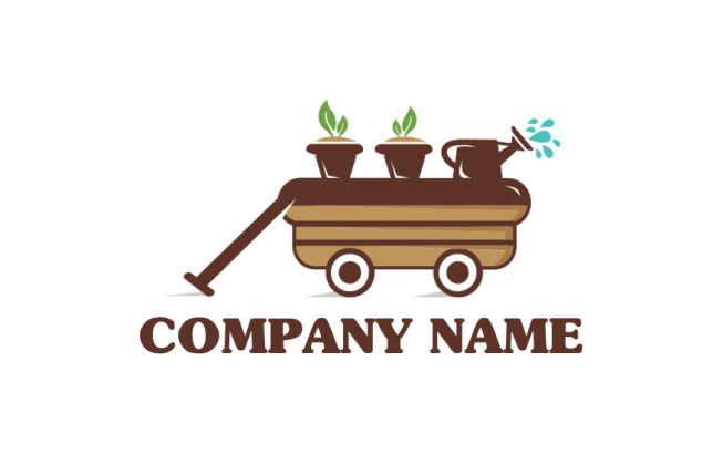 gardening logo illustration watering can and plants on wagon for backyard gardening 