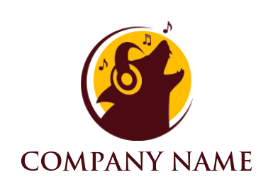 create an animal logo wolf listening headphone with music note