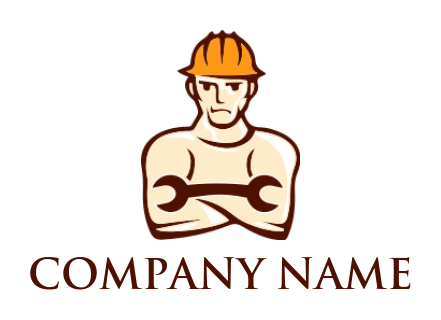 design a construction logo  worker wearing helmet with wrench arms