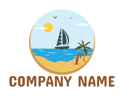 travel logo illustration yacht on sea with sun and palm trees