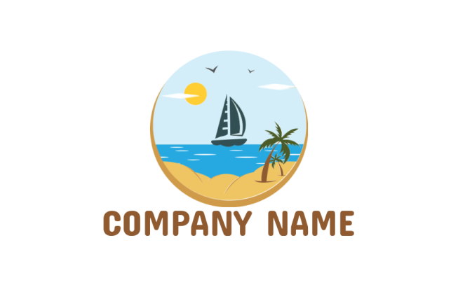 travel logo illustration yacht on sea with sun and palm trees