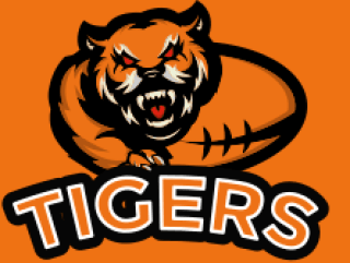 tiger mascot with red eyes in front of football logo idea