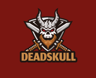 skull face with horns warrior having swords and shield at the back Mascot