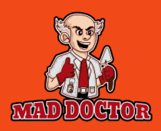 construction logo bald doctor mascot with trowel