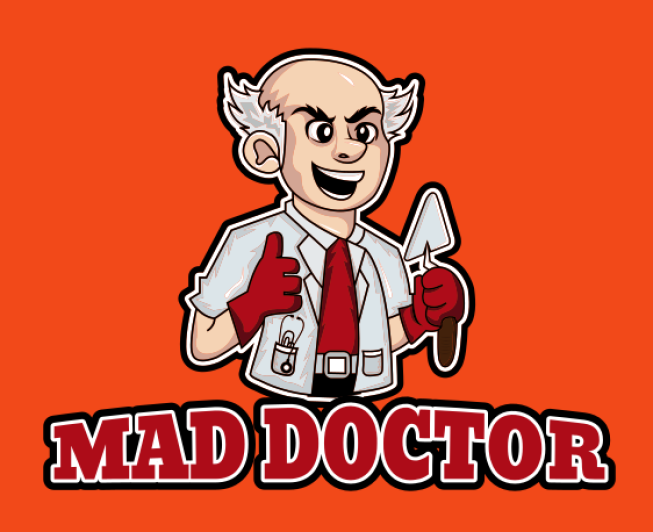 construction logo bald doctor mascot with trowel