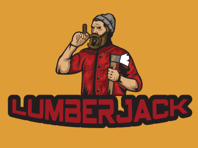 lumberjack mascot holding axe and cigar