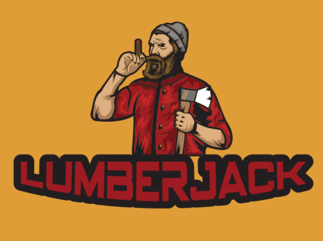 lumberjack mascot holding axe and cigar